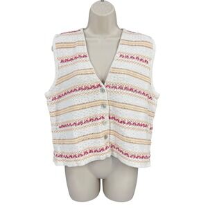 Vintage Cottage Vest Women 90s Academia Preppy Knit Linen Button Front Size L